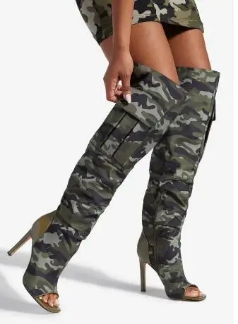 

Army Green Camouflage Jeans Peep Toe Pocket Pleated Patchwork Over The Knee Boots Women Fashion Thin Heels Thigh Long Botas Shoe