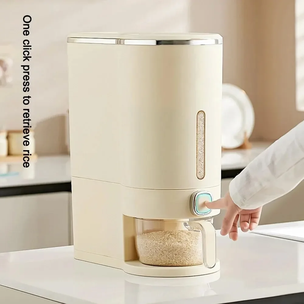 Sealed Rice Bucket One-Button Rice Dispenser Moisture Proof Rice Bucket with Cup Grain Powder Box Storage Food Cereal Container 3