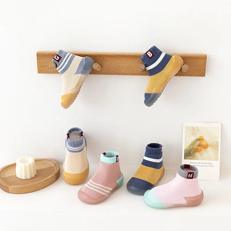 Anti-Slip Baby Shoes Mixed Colors Striped Letters First Walker Toddler Boys Girls Kid Rubber Soft Sole Floor Shoes Knit Booties 2