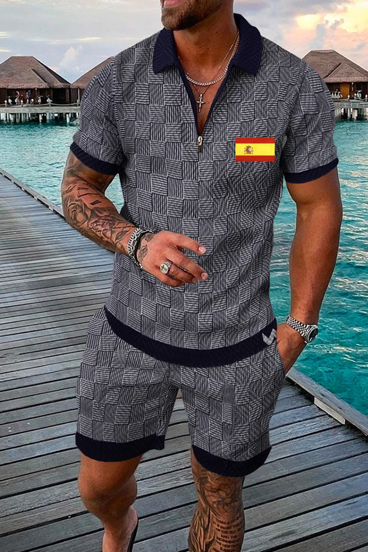 

2022 Spanish Flag Polo Sets Men's Tracksuit Solid Color 3D Print Polo Shirts Zipper Short Sleeve+Shorts Set for Men Casual Suits