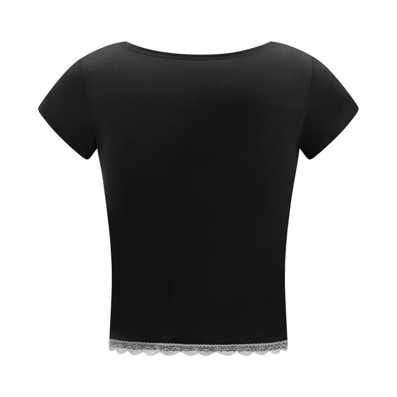 y2k Lace Trim Crop Top Women Sweetheart Neck Short Sleeve T Shirt with Bow Coquette Aesthetic Clothes 2000s Streetwear