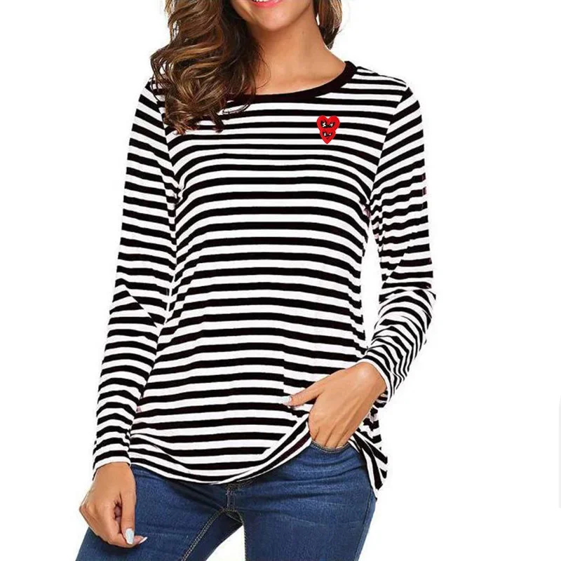 

Break Egg Stripe T-shirt Long Sleeve Women Cotton Double Fold Heart Glasses Embroidery O-Neck Straight Spring T-Shirt