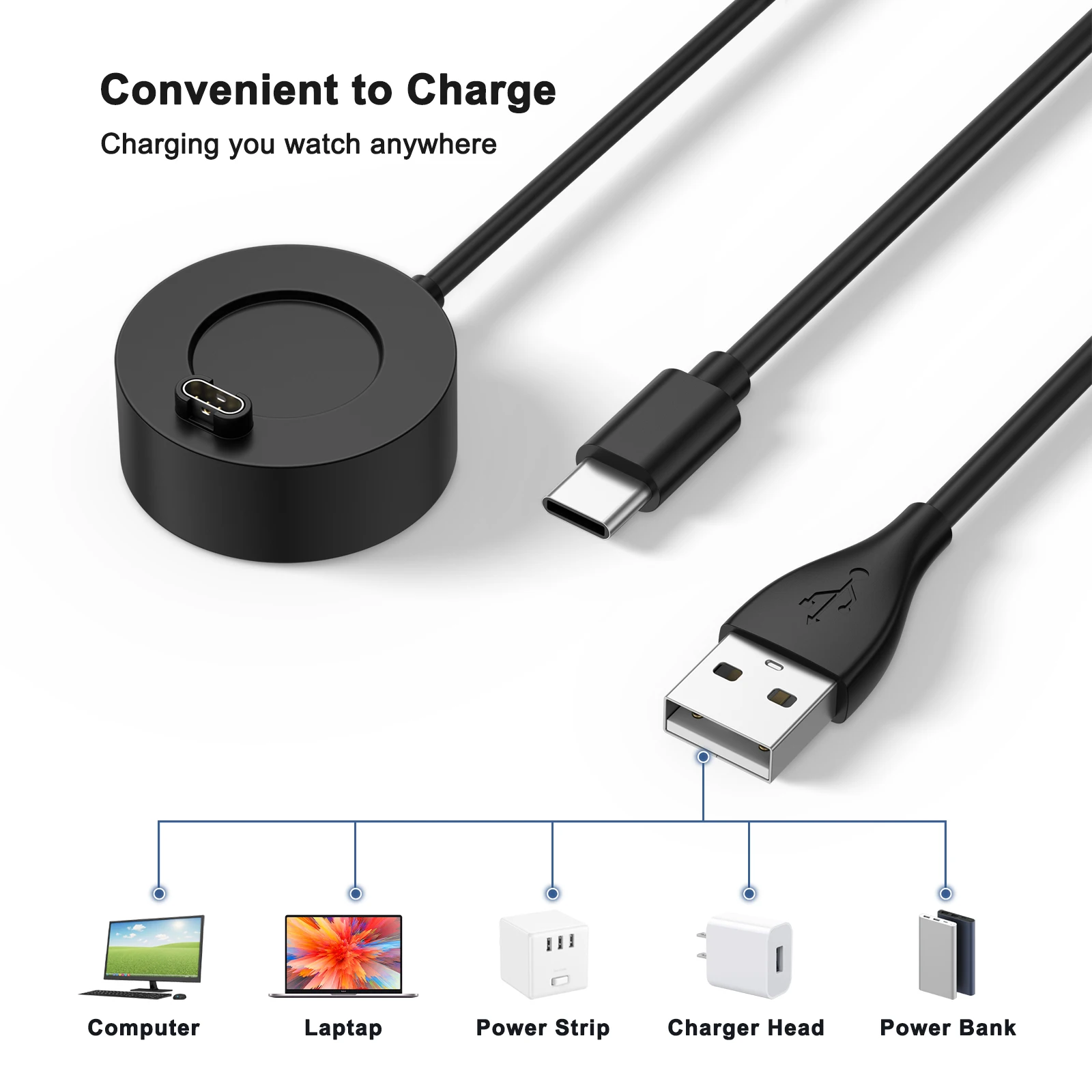 Câble Chargeur USB-C Compatible Garmin – Pour Montres Venu, Fenix, Forerunner, Vivoactive – Longueur 1 M Avec Adaptateur USB-A