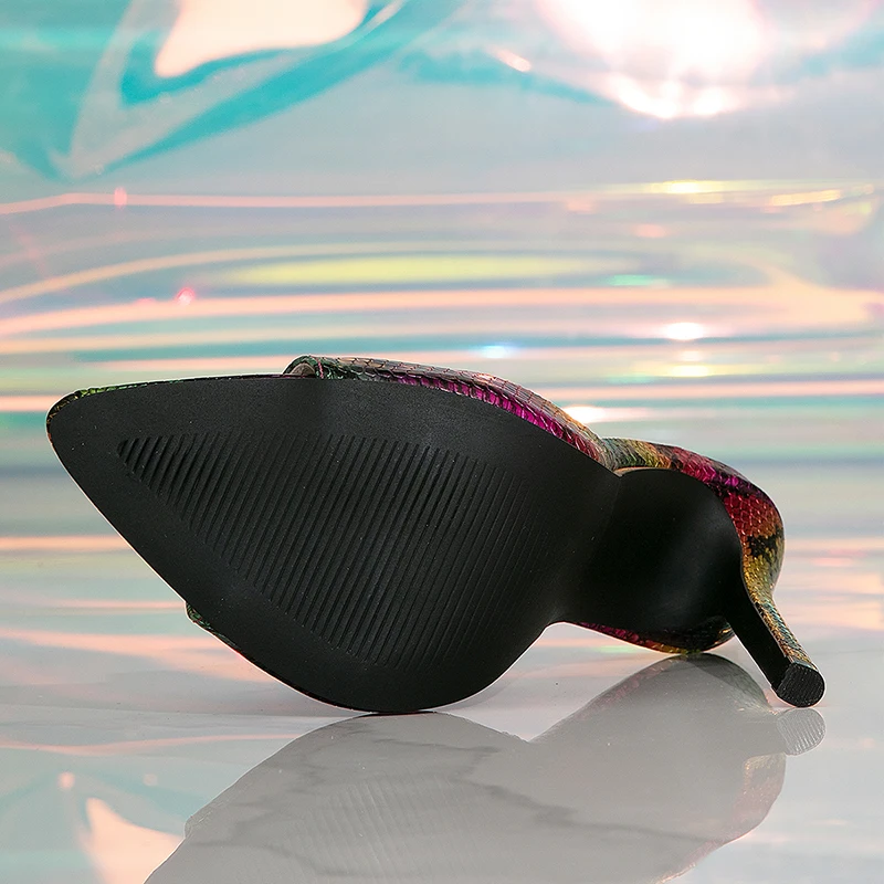 Kcenid Gladiator Ladies Shallow Women Sandals High Heels Sexy Summer Snakeskin Pointed Toe Slippers Women Shallow Slip On Mules