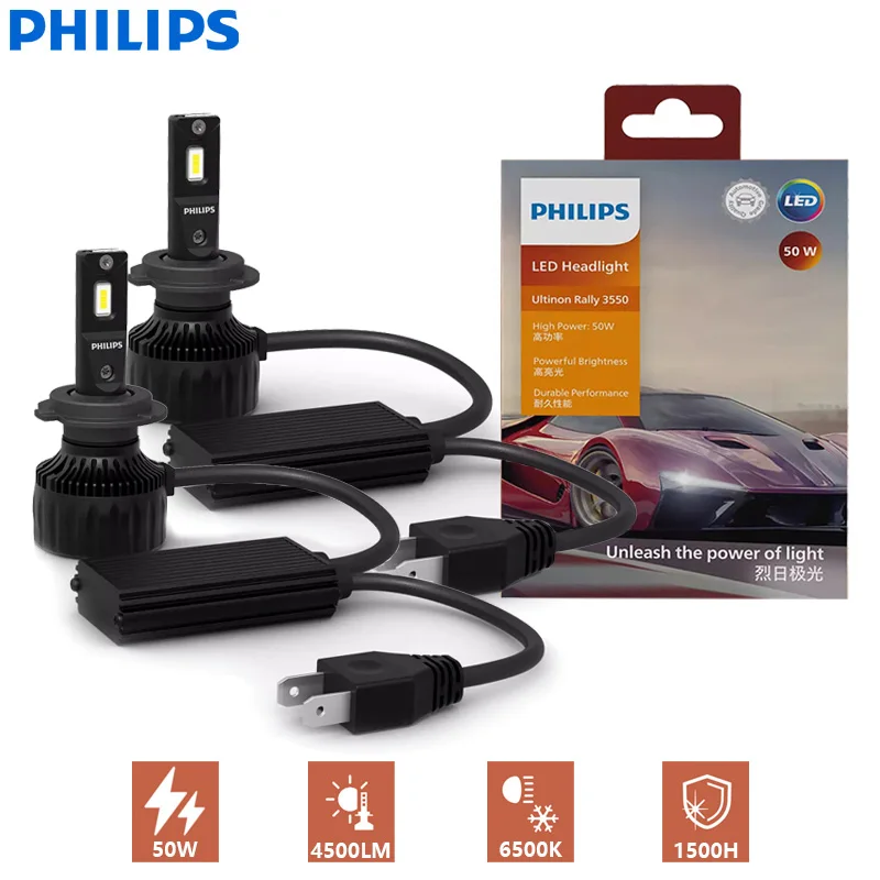 Philips Ultinon Rally 3550 LED H4 H7 H11 100W 9000LM HB3 HB4 HIR2 High Power Lumen Watt Car Headlight 6500K White LED Lamps 2X