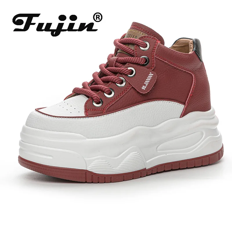 

Fujin 7cm Genuine Leather Platform Wedge Fashion Chunky Sneaker White Casual Comfy Skate Board Thick Soled Spring Autumn Shoes