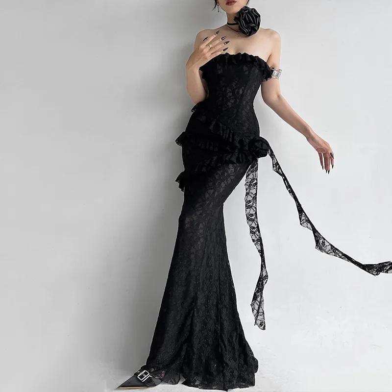 

Women's 2024 spring and summer new sexy lace see-through tube top one-line collar streamer dress long skirt club clothing Vestid