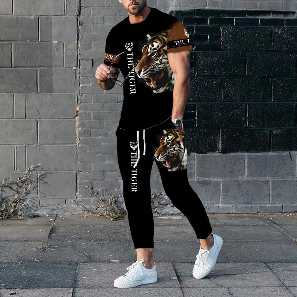 Summer New Men's Sportswear Lion Shirt Trousers Two-Piece Set Casual Running Suit Fashion Design Streetwear Plus Size Male Outfi