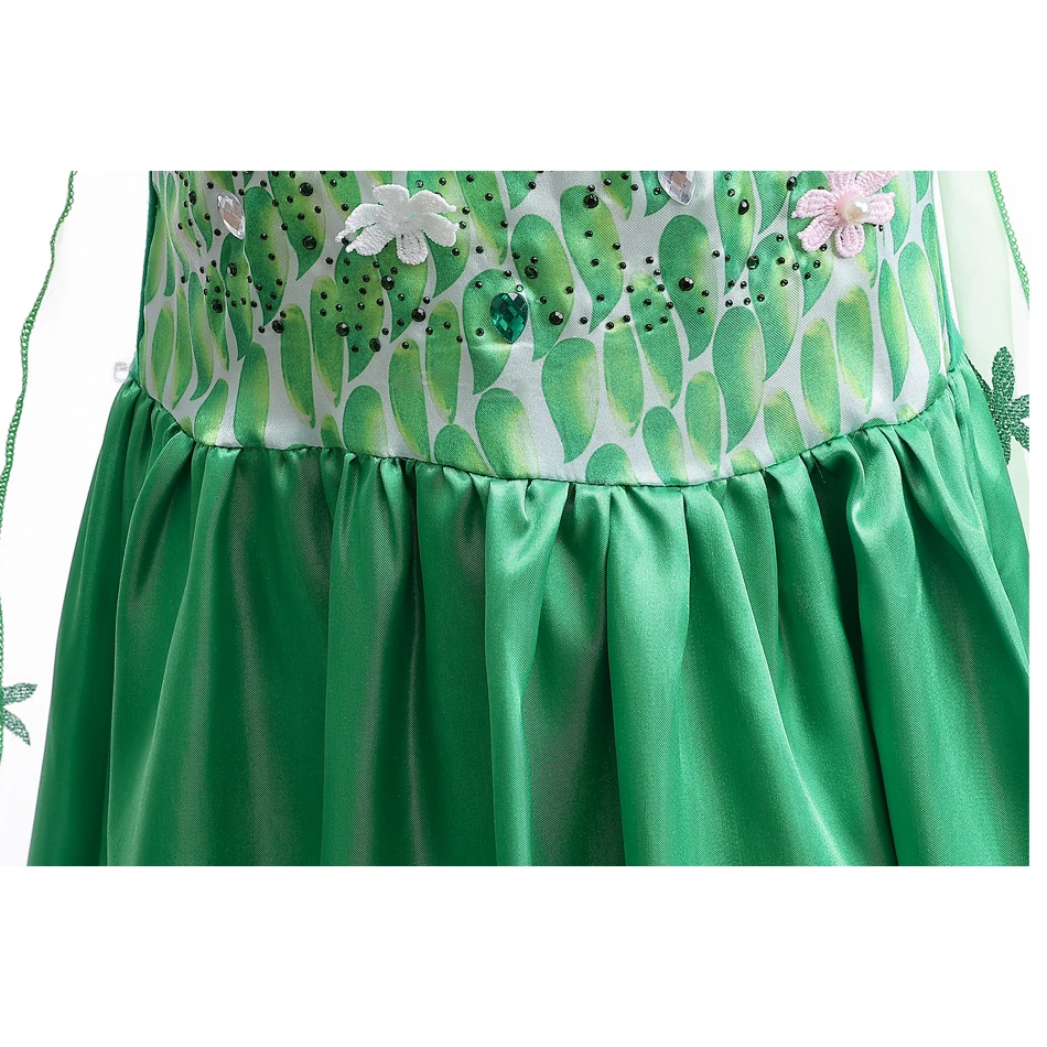 Elsa Green Dress for Kids Girl Princess Costume Dresses Children Long Cloak Floral Lace Ball Gown Summer