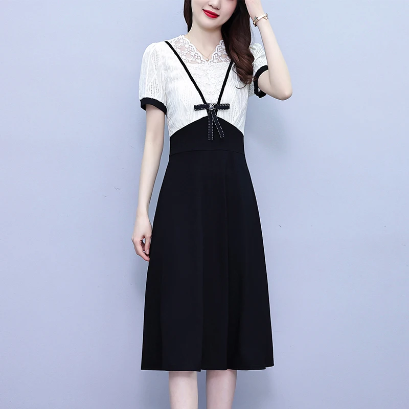 플러스 사이즈 여성 의류 하이 엔드 라이트 럭셔리 사교계 부드러운 시리즈 튀긴 스트리트 레이스 스티칭 드레스 거짓 투피스 정장 여름 스커트