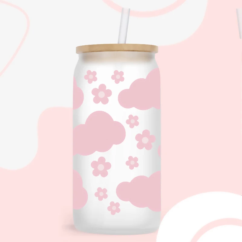 White clouds, sun UV DTF Transfer Happy Juice Printed Sticker For The 16oz Libbey Glasses Wraps Bottles D20638