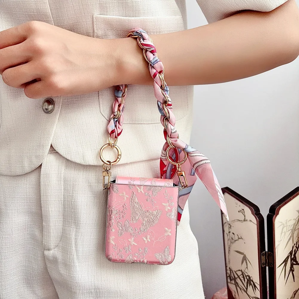 Elegant Embroidered Butterfly Phone Case with Silver-Edged Side Buckle