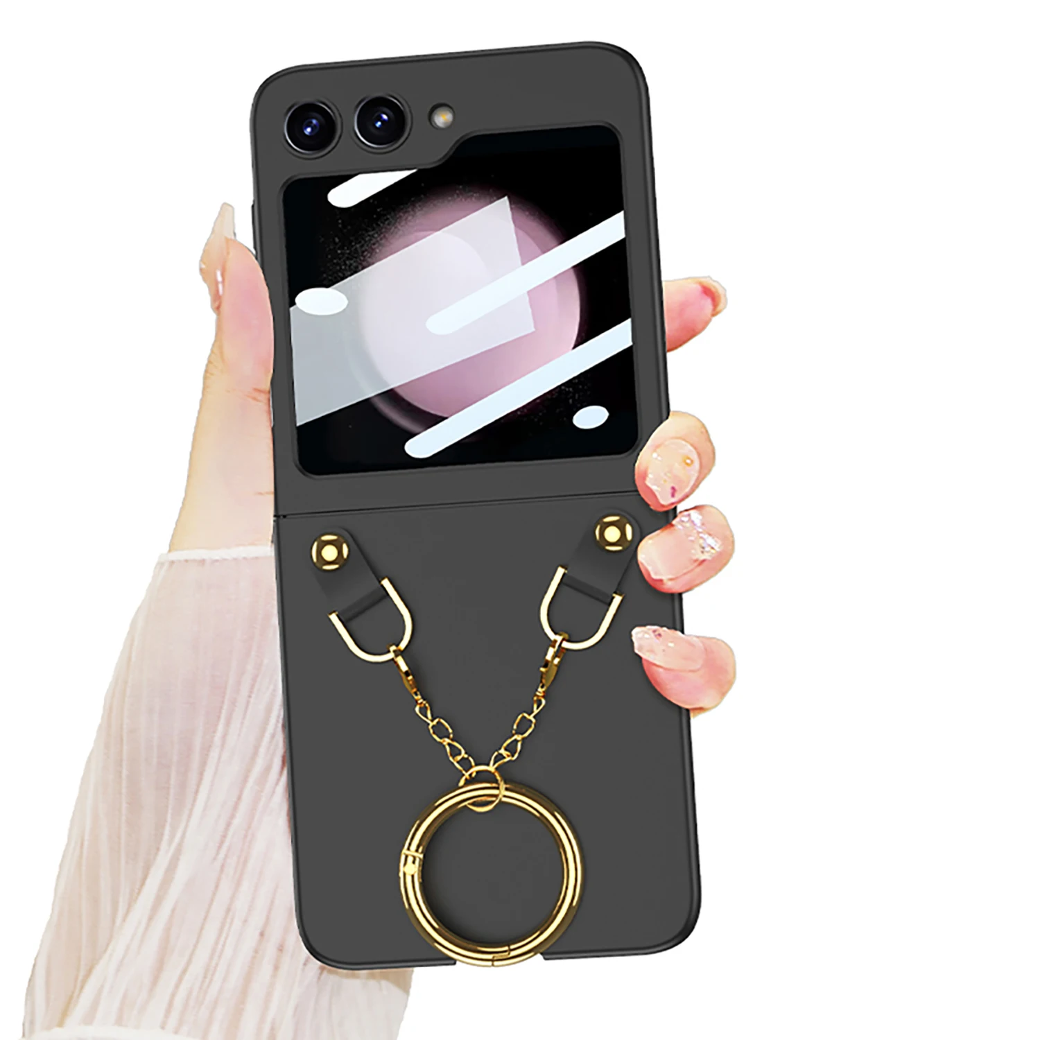 Ultra-thin Shell Film Integrated Anti-fall Protective Cover For Samsung Galaxy Z Flip 5 Fashion Necklace Ring Folding Phone Case