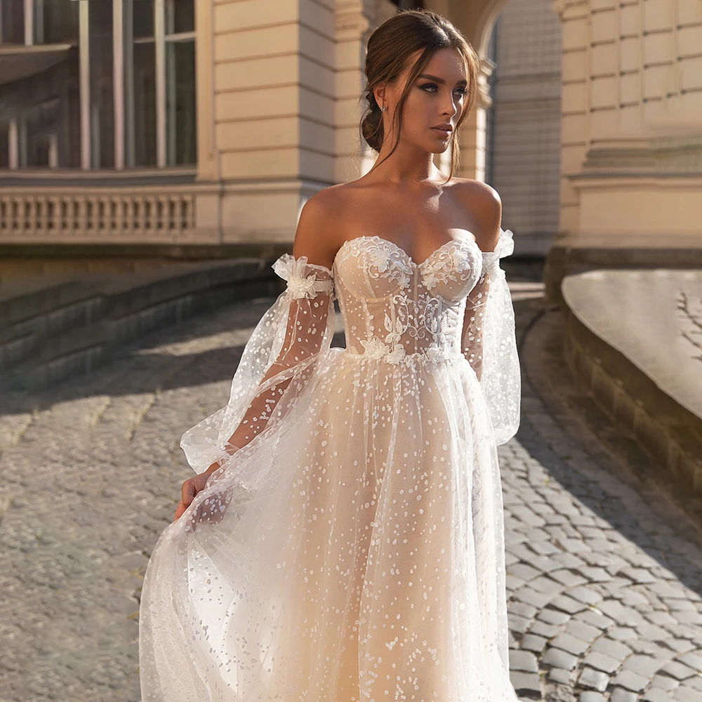 Boho Off the Shoulder Tulle Wedding Dress for Women Princess Backless Sweetheart A-Line Appliques Bridal Gown Vestido de novia