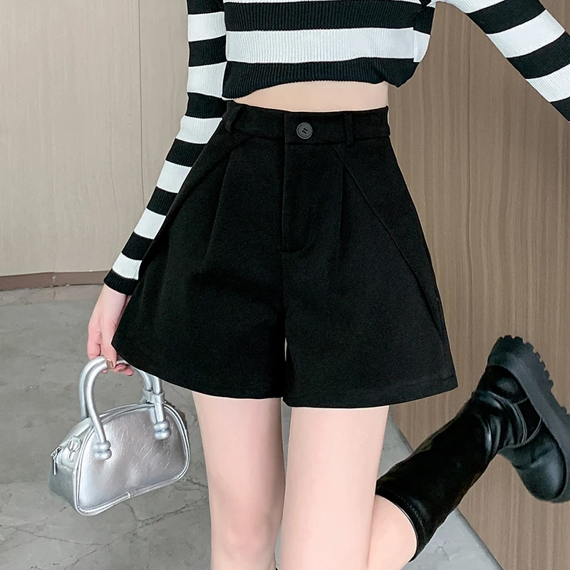 Tweed Shorts Women Korean Style Solid Color High-waisted Thin Wide Leg Loose Shorts Office Lady Fashion Basic Streetwear Female