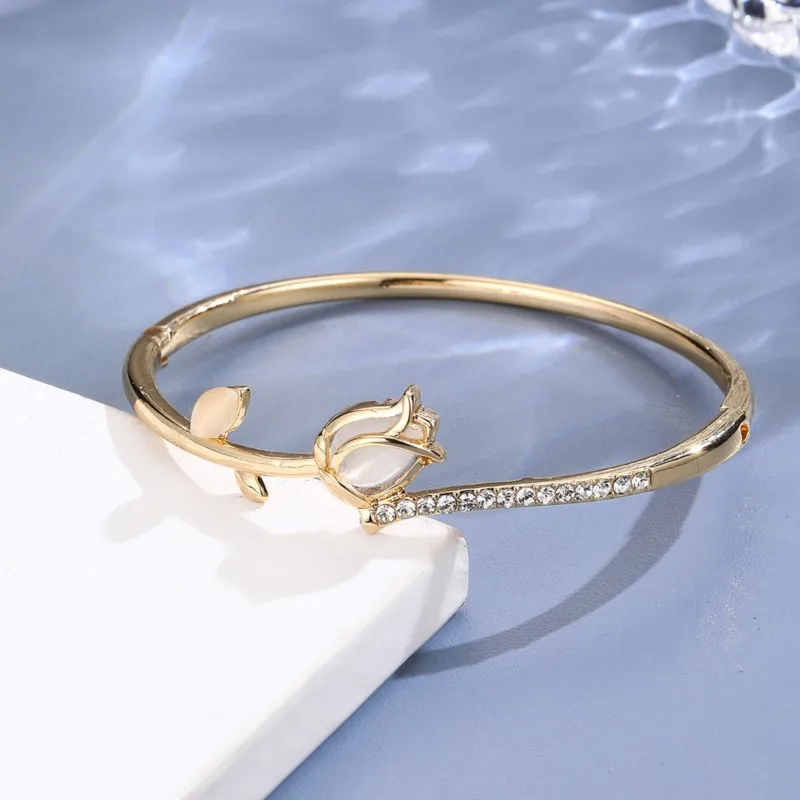 Elegant Opal Stone Zircon Tulip Cuff Bangle for Women Light Luxury Rose Flower Bangles Wedding Jewelry Gifts