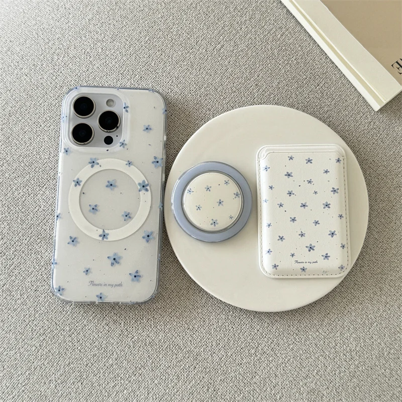 Korean Ins Flower Magnetic Stand Phone Case with Magsafe Card Holder