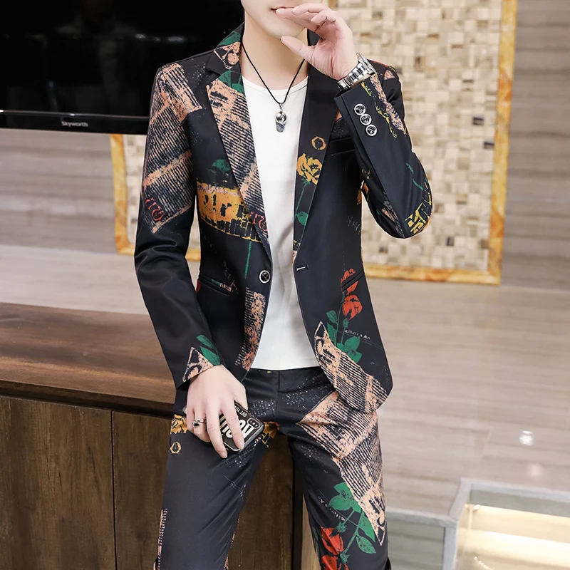 Men's Slim Fit Business Casual Two-Piece Set Autumn Korean Fashion Print Wedding Suit with Trousers Trendy