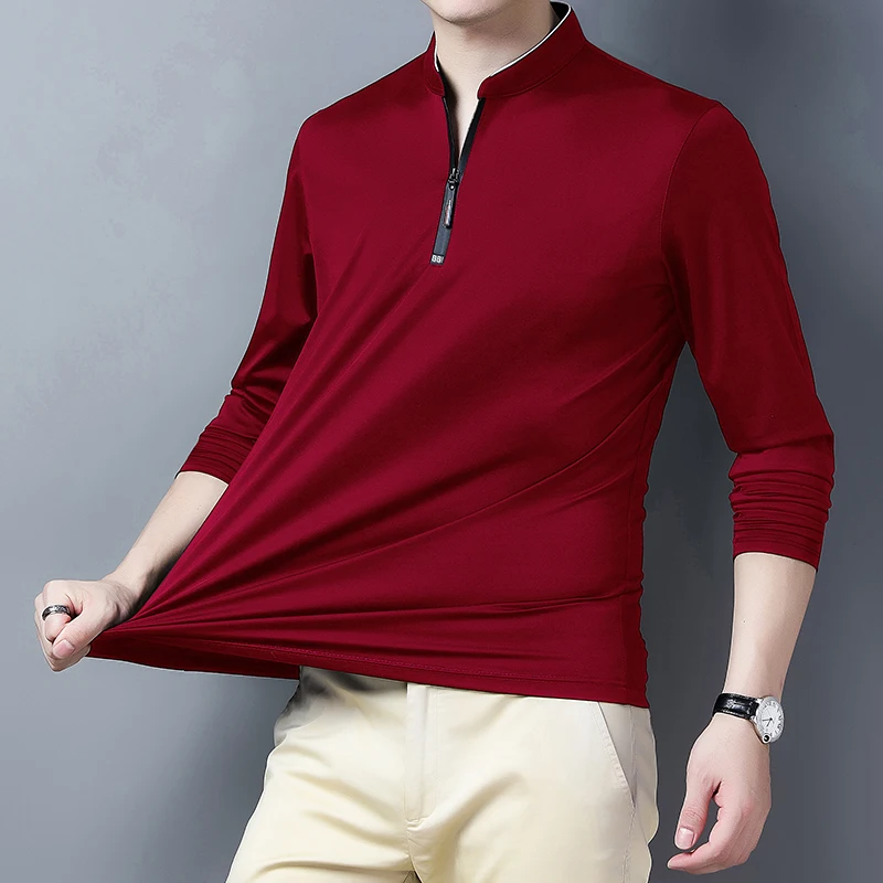 2025, lässiges, modisches, einfarbiges Langarm-Poloshirt für Herren, Stehkragen, vielseitiges, bequemes Oberteil – Detail 11