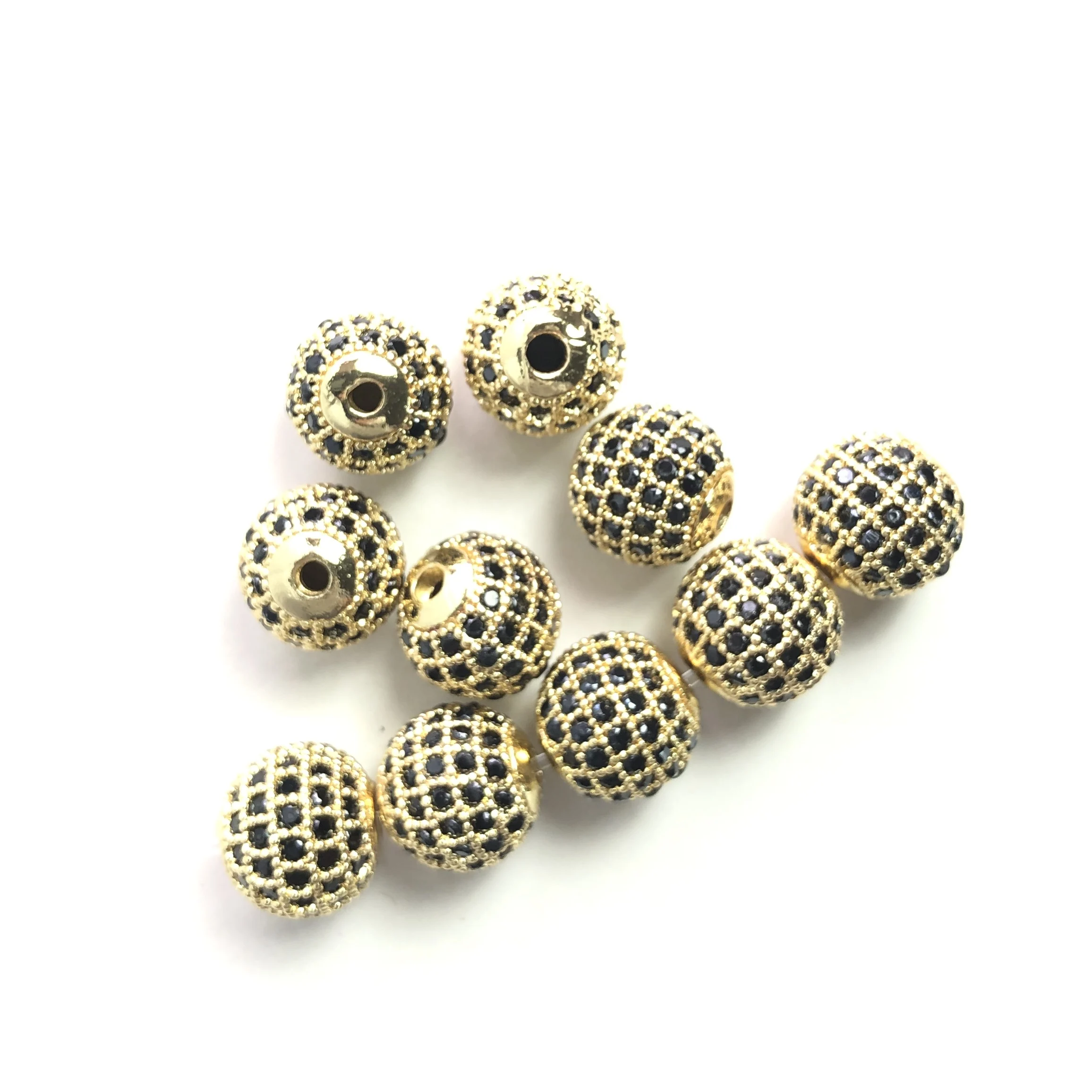 20Pcs/lot 10mm Gold-Plated Ball Spacers Black Rhinestone Cubic Zirconia Paved Disco Beads Wholesale Women Waist Bracelet Making