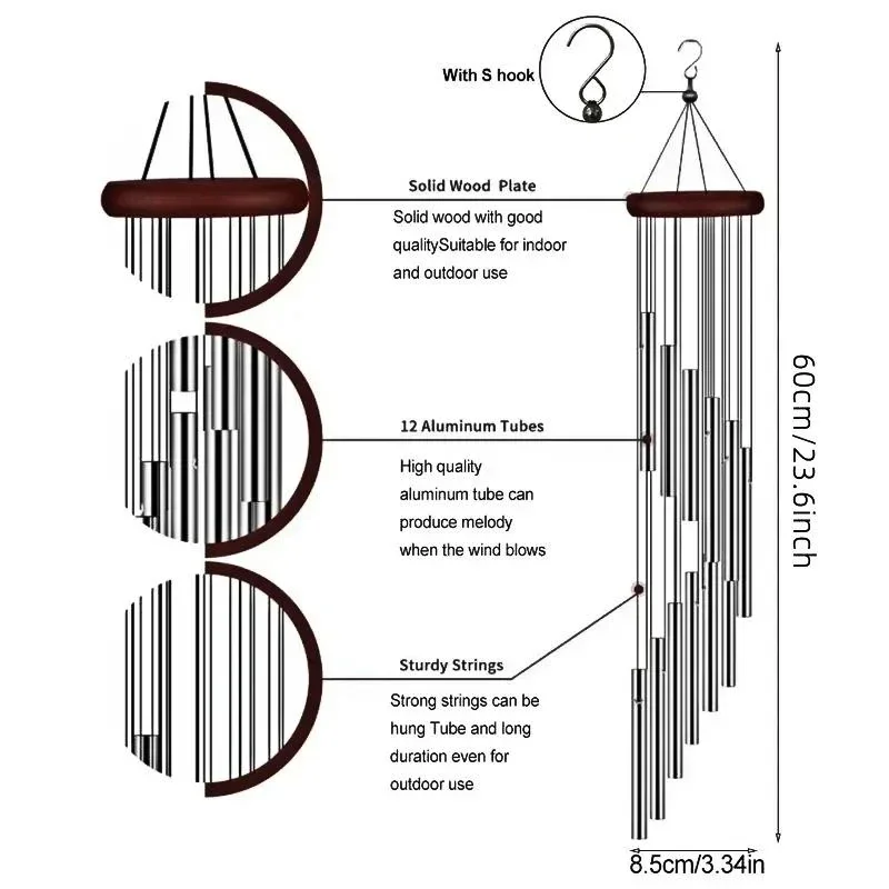 Rotating Solid Wood Aluminum Pipe Wind Chime Waterproof 12 Pipe Classic Matching Music Wind Chime Wall Hanging Decor Wind Chimes