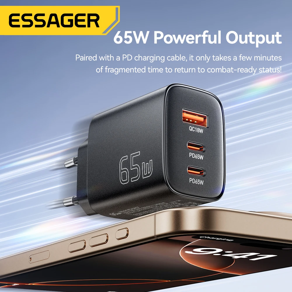  Essager 65W GaN Charger Quick Charge 4.0 USB C Charger for iPhone 17 16 15 Pro Max Laptop Macbook Air Tablet PD Fast Charger