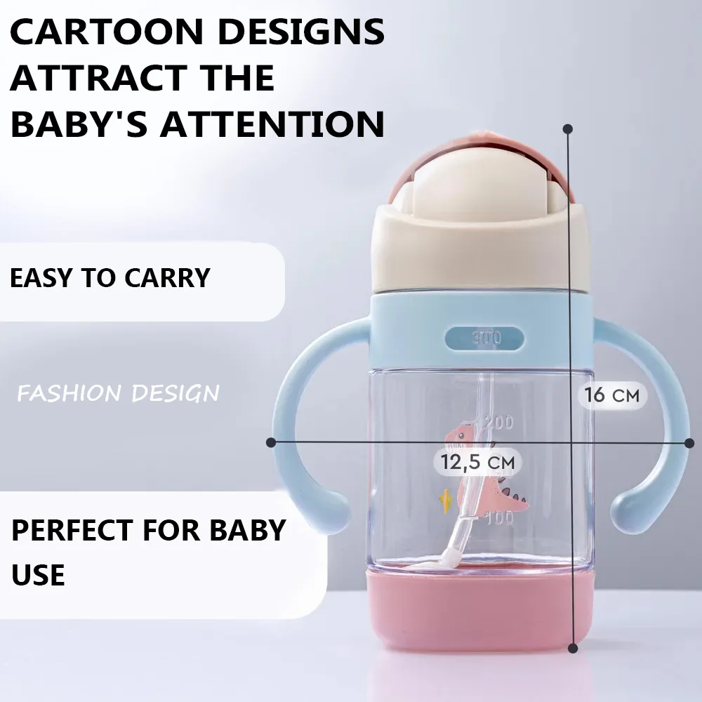 300ml Cartoon Dinosaur Straw Water Cup Children's Milk Bottle with Handle Birthday Gift