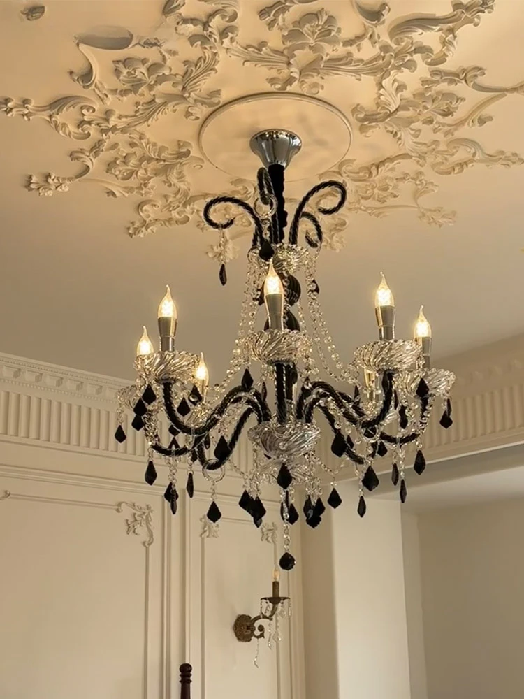 

Black crystal chandelier European retro cream style high-end feeling living room atmosphere study master bedroom room light