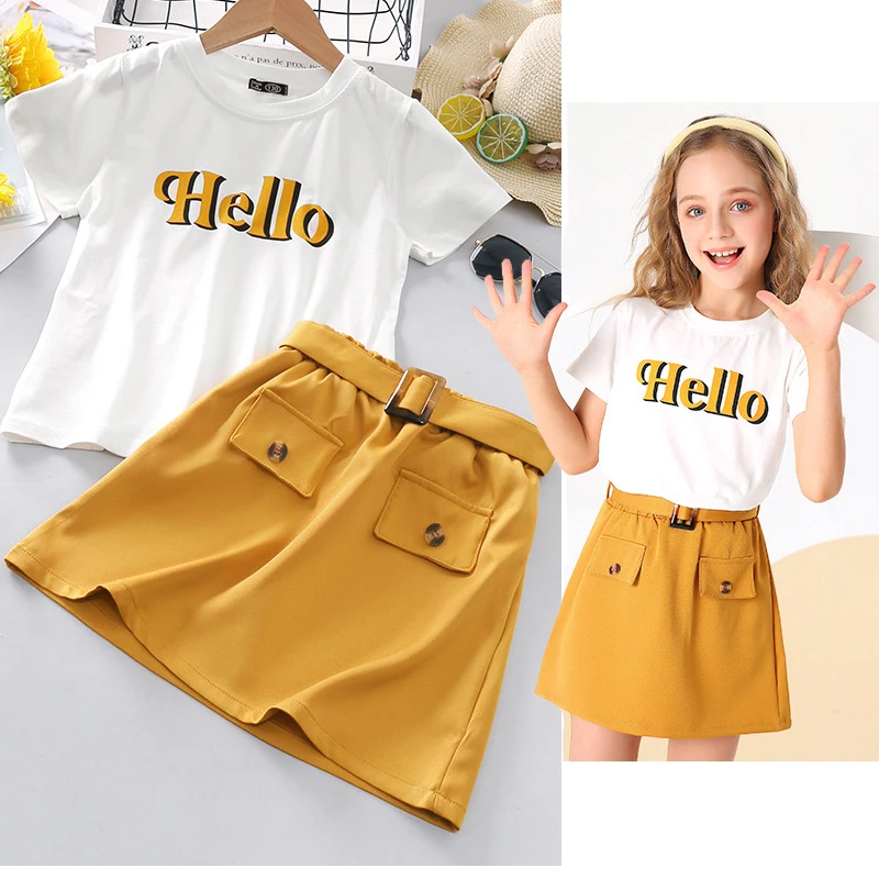 

2022 New Style Summer Girls Clothing Set Pure Cotton Hello Letter T-shirt + Short Skirt 2Pcs Suit For Kids Children Clothes