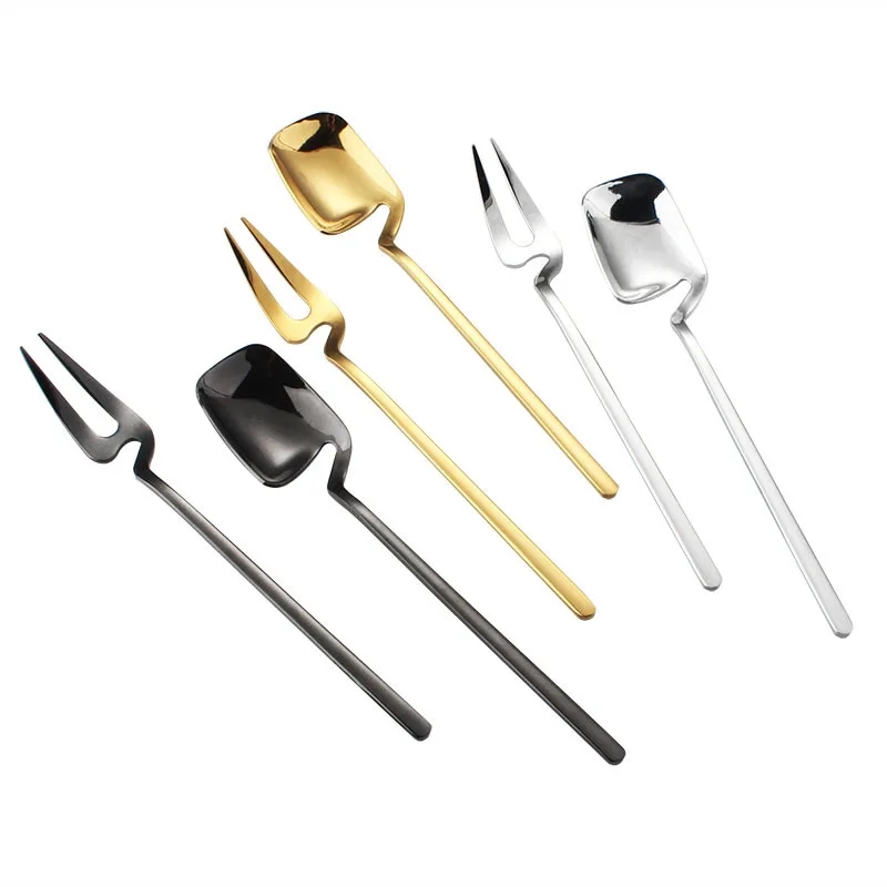 Stainless Steel Fruit Fork Wall-mounted Gold Plated Long Handle Stylish Latte Ice Cream Sundae Coffee Spoon 1pcs stainless steel spoon fruit fork