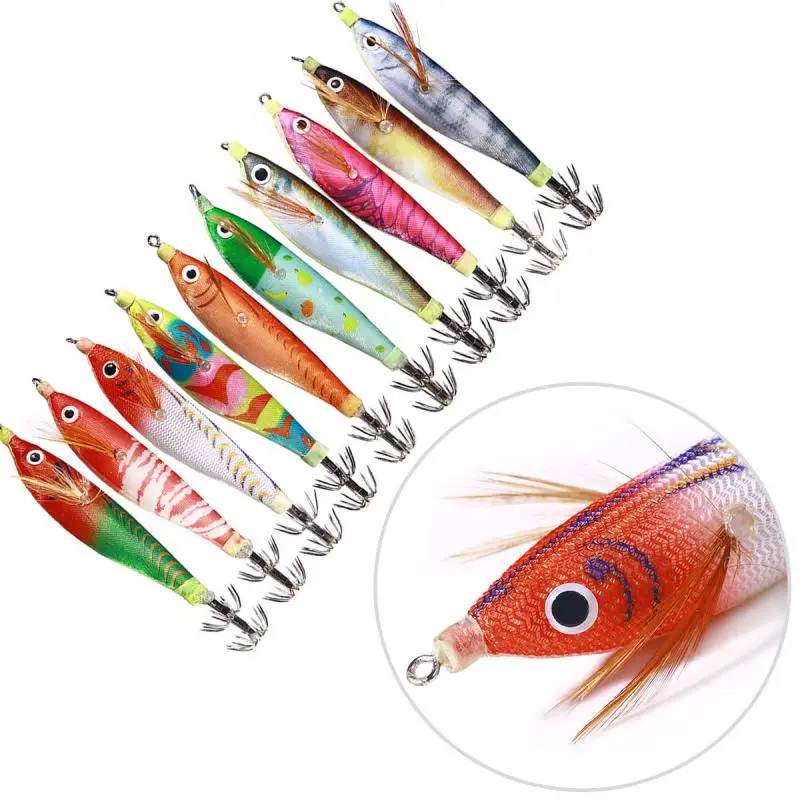 

10Pcs/set Fishing Lure Sharp Luminous Wood Shrimp Octopus Artificial Bait Shrimp Squid Fish Barbed Hook for Fishing Lovers