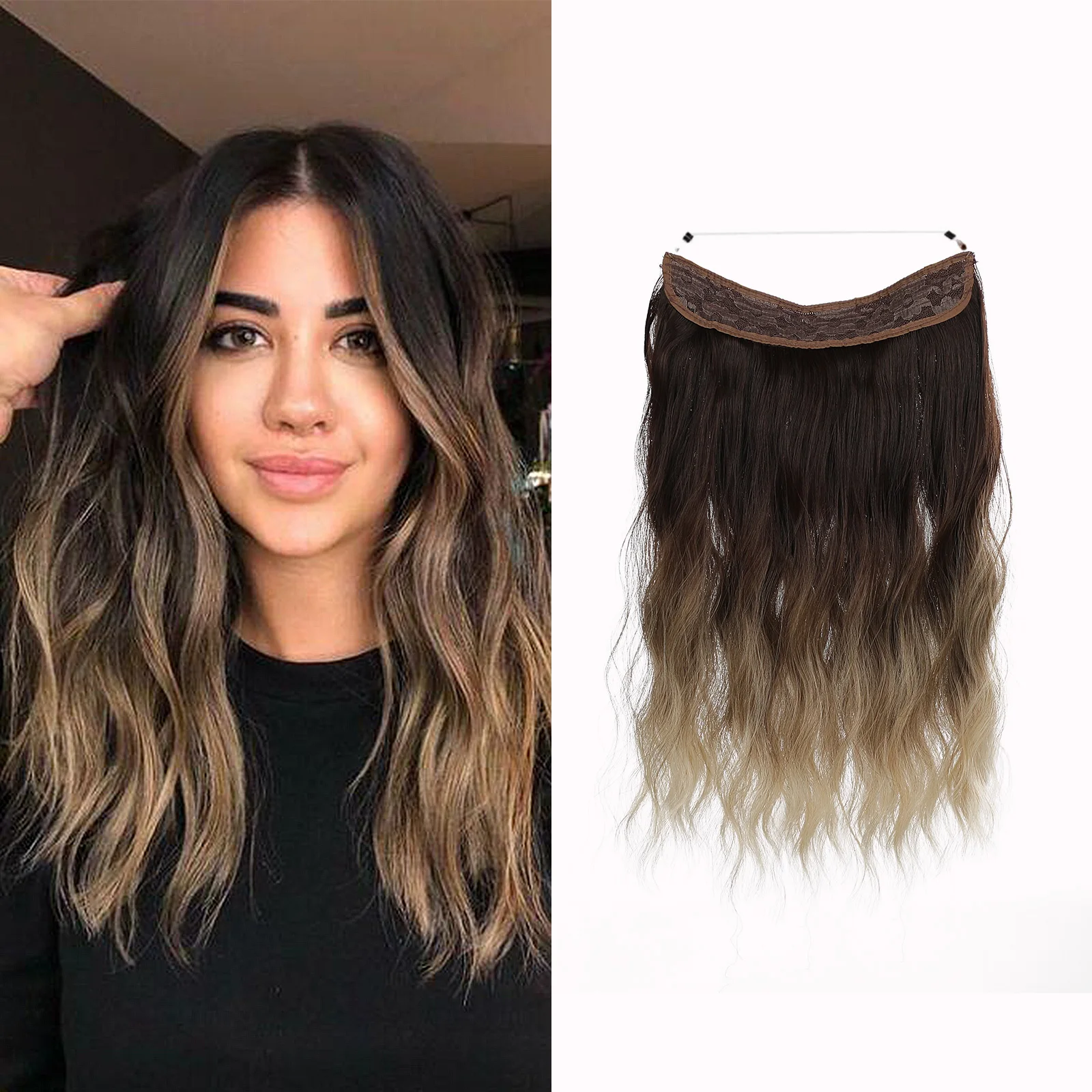Synthetic Long Wave No Clip Hair Extensions One Piece False Hairpiece Ombre Black Brown Natural Fish Line Hairpiece Women