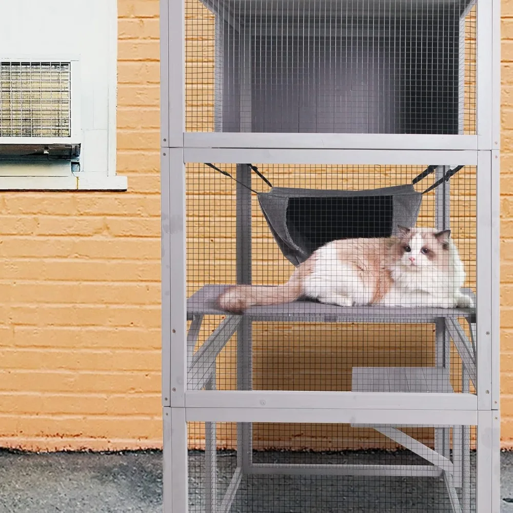 Wooden Cat House, Outdoor 3 Floors Cat Enclosure, Indoor Large Kitten playpen with Hammock，Resting Box, Cage Waterproof Roof
