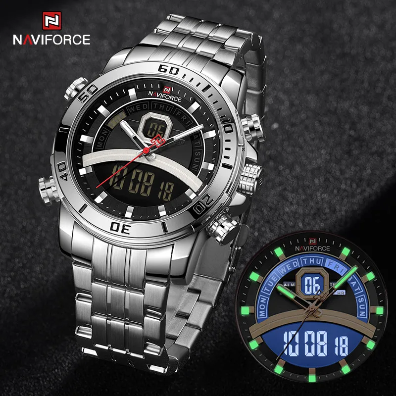 

New NAVIFORCE Men Quartz Analog Wristwatches Casual Fashion Led Display Luminous Watches Waterproof Shock Resistant Male Watch