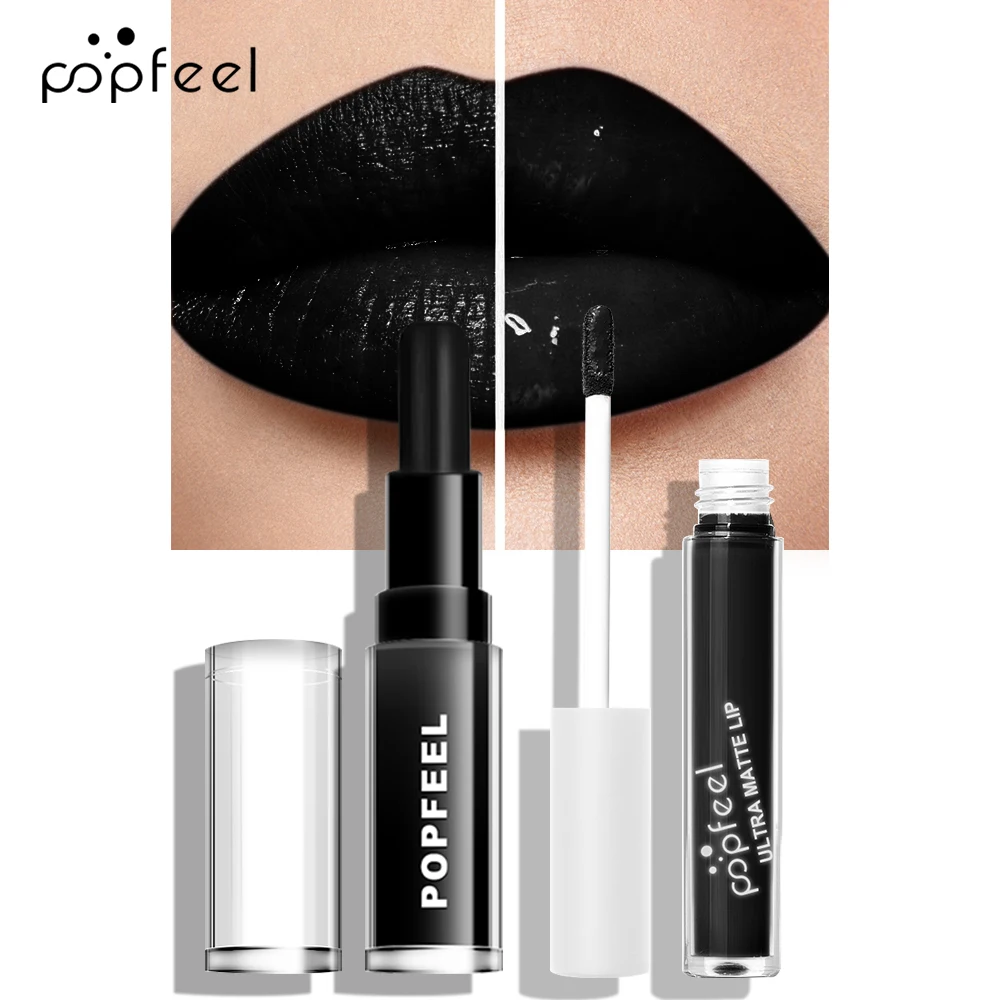POPFEEL Hallowmas Lip Makeup Kit Black Lip Stick Black Lip Gloss Matte Lip Stick Long Lasting 4