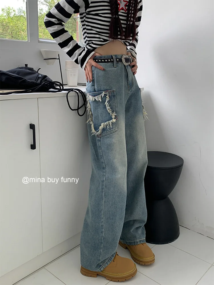 

Y2K Blue Baggy Jeans Women Chic Design Vintage Streetwear Pockets Wide Leg Cargo Pants High Waist Straight Denim Trousers 2022