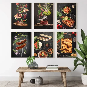 Poster da cucina Fast Food Amburgo Pollo fritto Pasta Poster su tela Pittura Immagine da parete Moderno ristorante americano Decorazioni per la casa 1