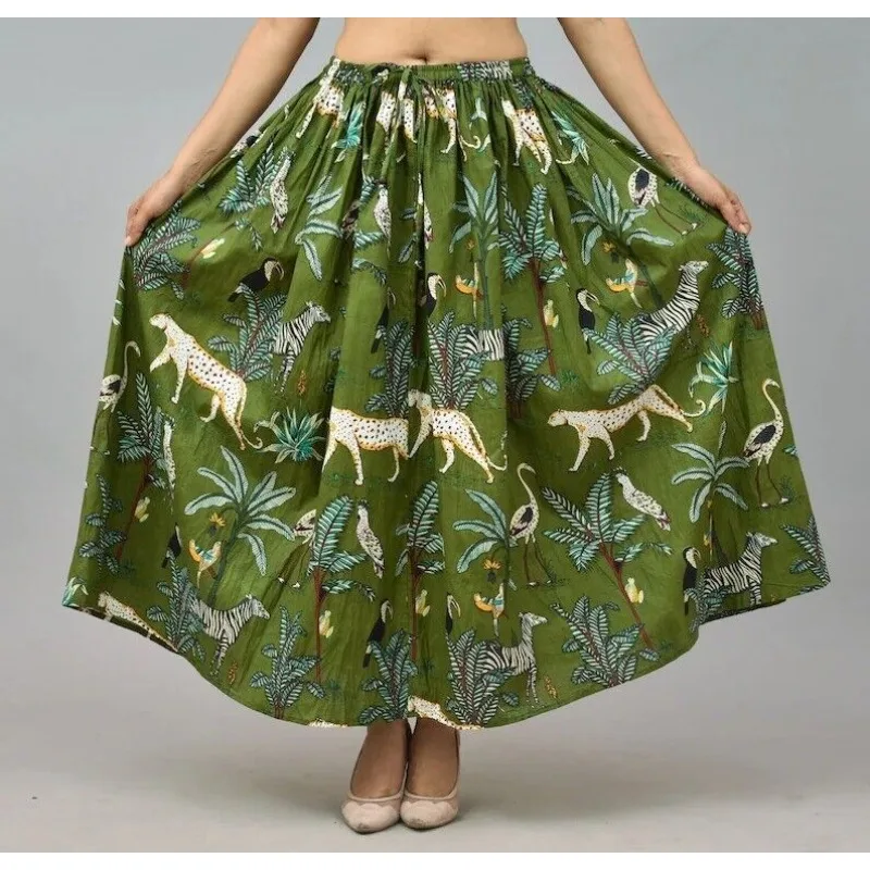 

Indian Long Green Cotton Forest Tiger Skirt Women's Clothing Partywear Skirt