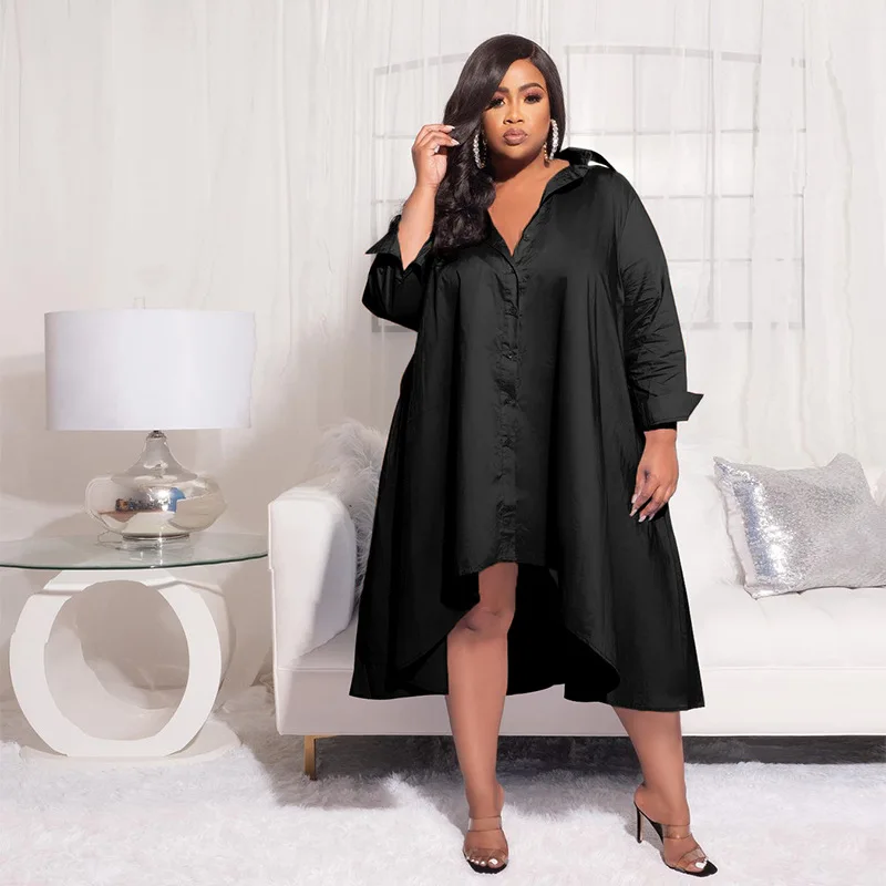 Plus Size Women Curvy Cloth Solid Wide Club Blouse Dress Lady Casual V Neck Luxury Robe 2023 Summer Trendy Loose Party Dress