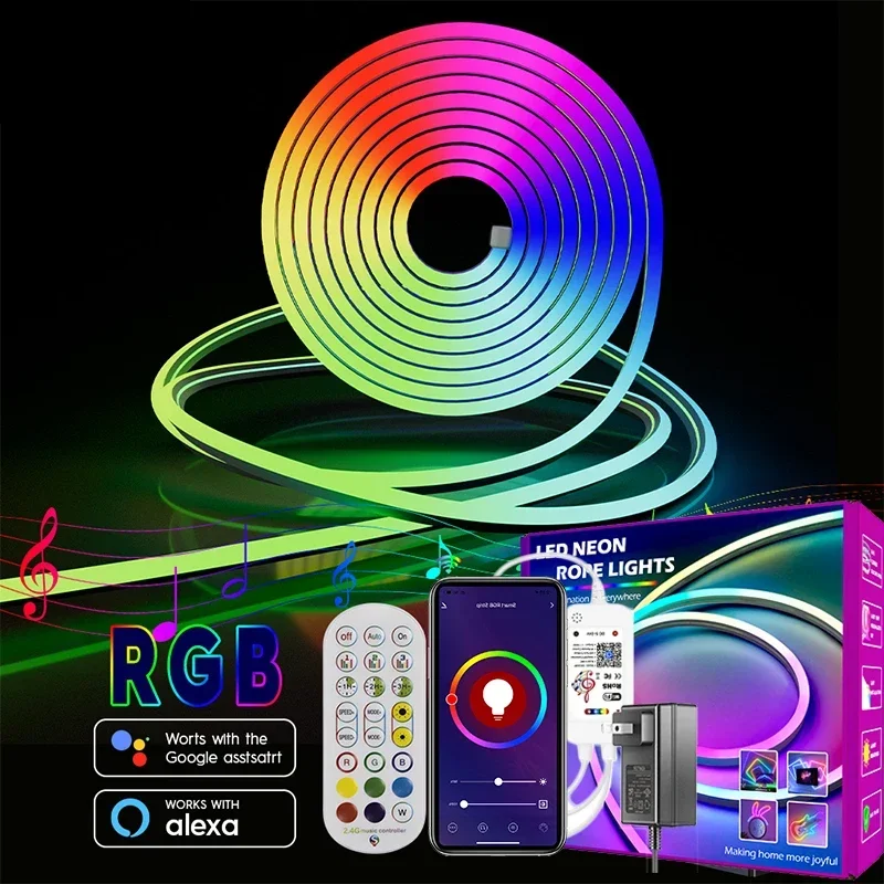 10M/32.8ft TUYA LED Neon Lights Flexible Neon LED Strip Lights 24v RGB LED Neon Rope Lights Smatlife APP for Bedroom Room