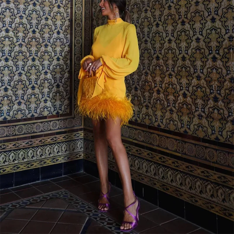 

Woman Sexy Yellow See-through Mini Dress 2023 Autumn Female Elegant Fur Patchwork Party Short Dresses Girl Chic Turtleneck Dress