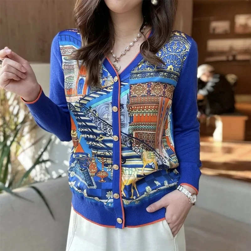 

Elegant Women's V-neck 2023 Spring Autumn New Fashion Folk Geometric Printed Patchwork Long Sleeve Knitted Cardigan Button Tops
