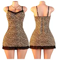 Women Leopard Print Slip Dress Sexy Lace Trim Bodycon Nightgown Spaghetti Strap See Through Mesh Babydoll Lingerie Sleepwear