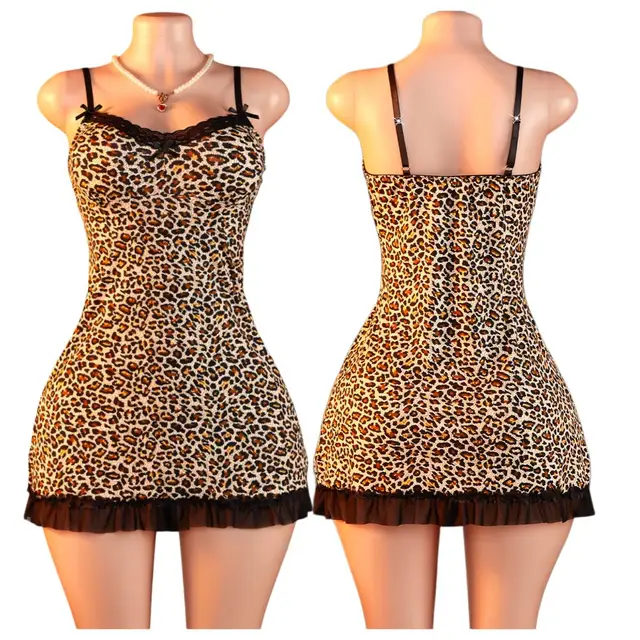 Women Leopard Print Slip Dress Sexy Lace Trim Bodycon Nightgown Spaghetti Strap See Through Mesh Babydoll Lingerie Sleepwear