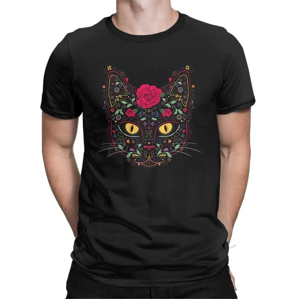 

Men's T-Shirts Kitty Cat Sugar Skull Awesome 100% Cotton Tee Shirt Short Sleeve Day of the Dead T Shirt Crew Neck Tops Gift Idea