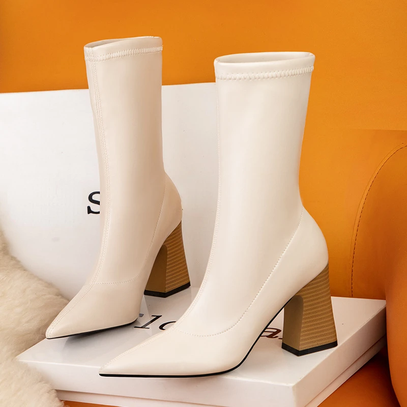 Fashion Sexy Wood Grain Heel Thick Heel Women Boots High Heel Pointed Toe Short Boots Elastic Plus Size 43 Women's Ankle Boots