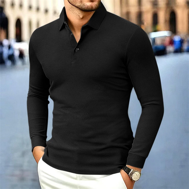 Herren Business Casual Langarmhemd Einfarbig Modisches, atmungsaktives, bequemes, vielseitiges Poloshirt – Detail 7