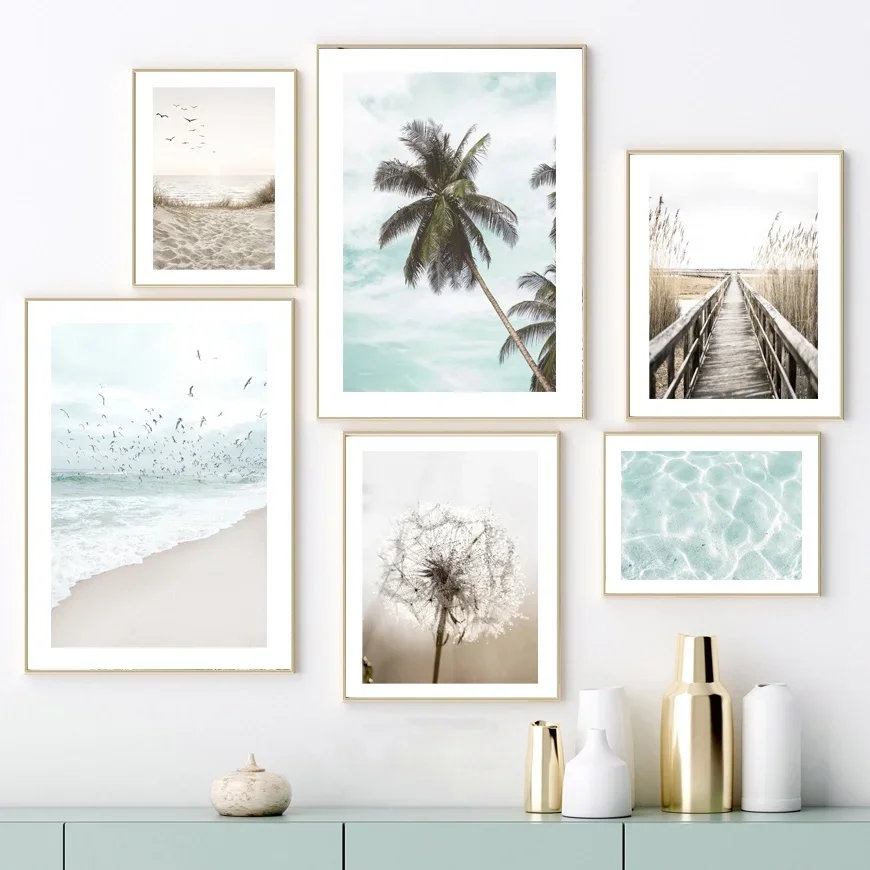 Dandelion Reed Bird Beach Waves Palm Tree Conch Nordic Poster Wall Art Print Canvas Painting Decoration Pictures For Living Room