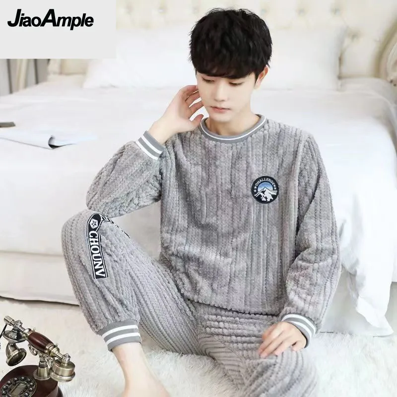 Pajamas Men's Winter Long Sleeve Trousers Warm Pijama Sleepwear Set 2022 New Loose Plush Thickened Flannel Pyjamas Homewear
