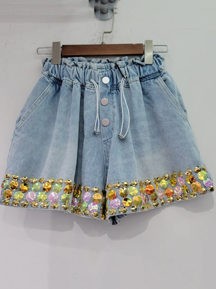

Women Streetwear Denim Shorts Colorful Diamond Yellow High Waist Wide Leg Drawstring Hot Short Jeans 2023 Summer New Tide Y341